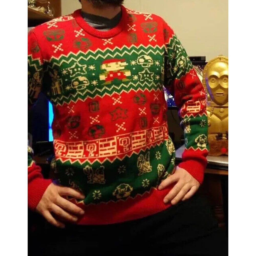 Super Mario Bros. Ugly Christmas Sweater Nintendo Red Green Men's Size Small - Picture 8 of 8